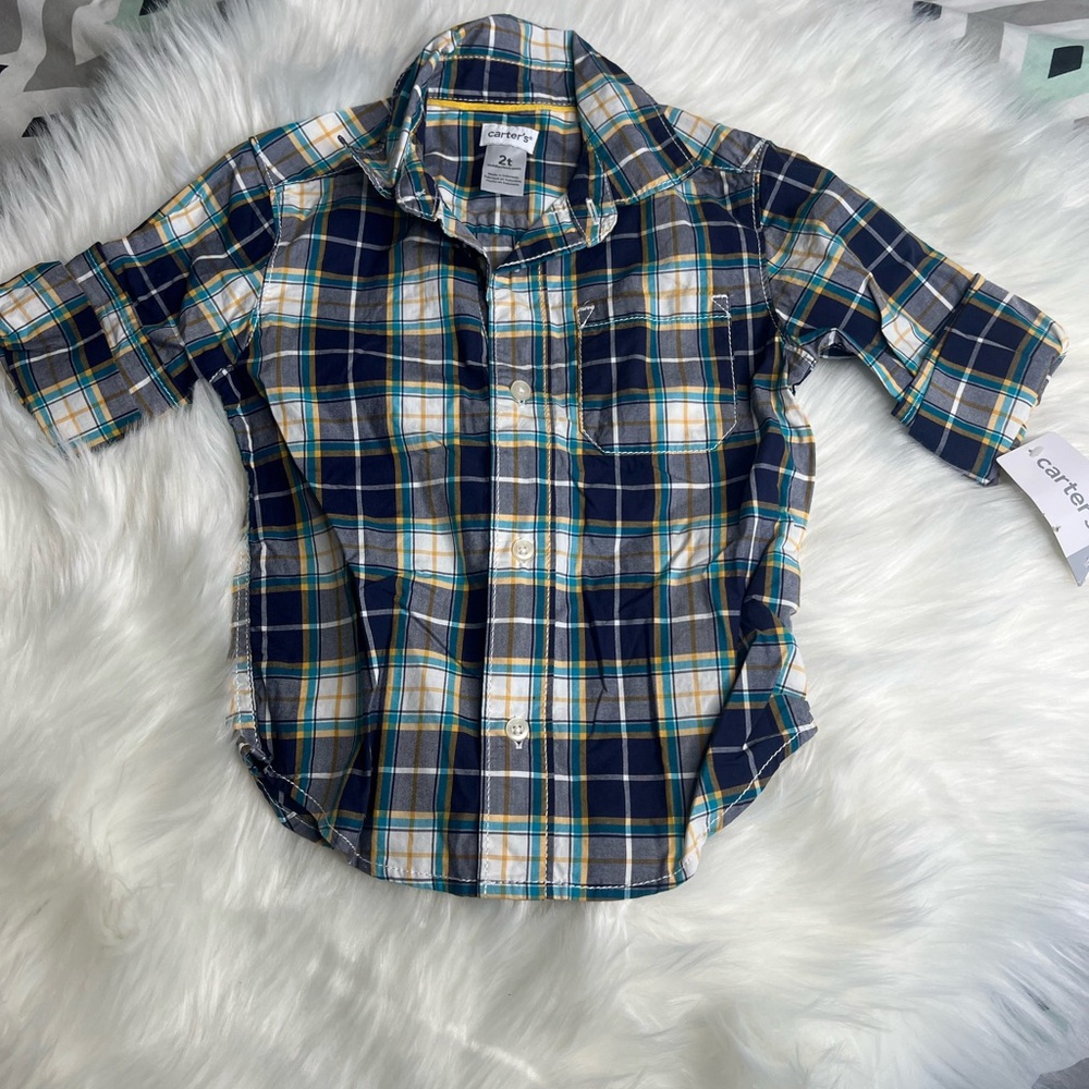 NWT Carter's Boy's Blue, White and Yellow Plaid Button Up Size 2T